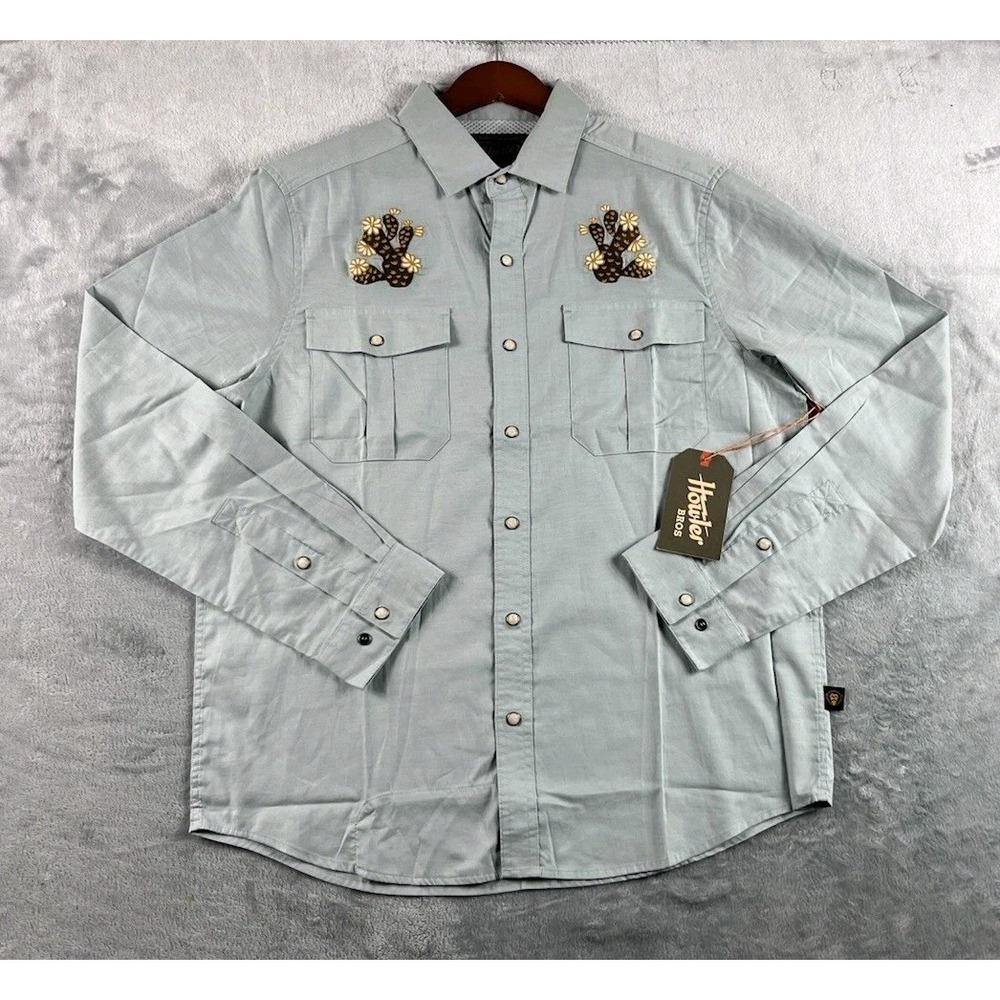 Howler Brothers Shirt Men Medium Blue Gaucho Pearl Snap Prickly Pears Western